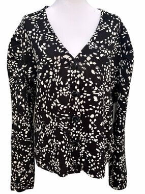 Nine West NWT Cotton Cardigan XXL Black White Abstract Print Puff Sleeve V-Neck